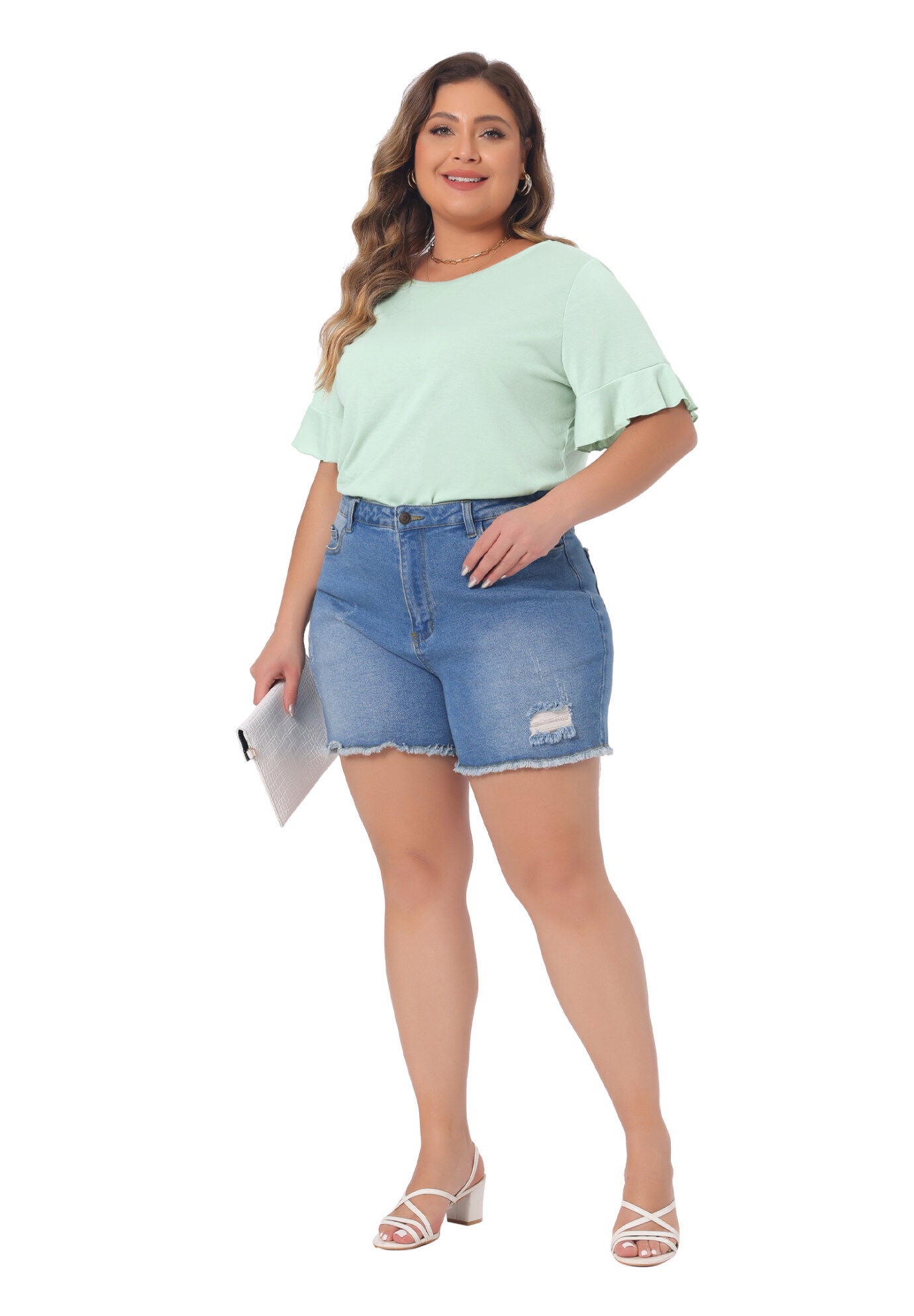 PLAIN CREW NECK RUFFLE SHORT SLEEVE TEE TOP, Mint Green / Light Green, hi-res image number 0