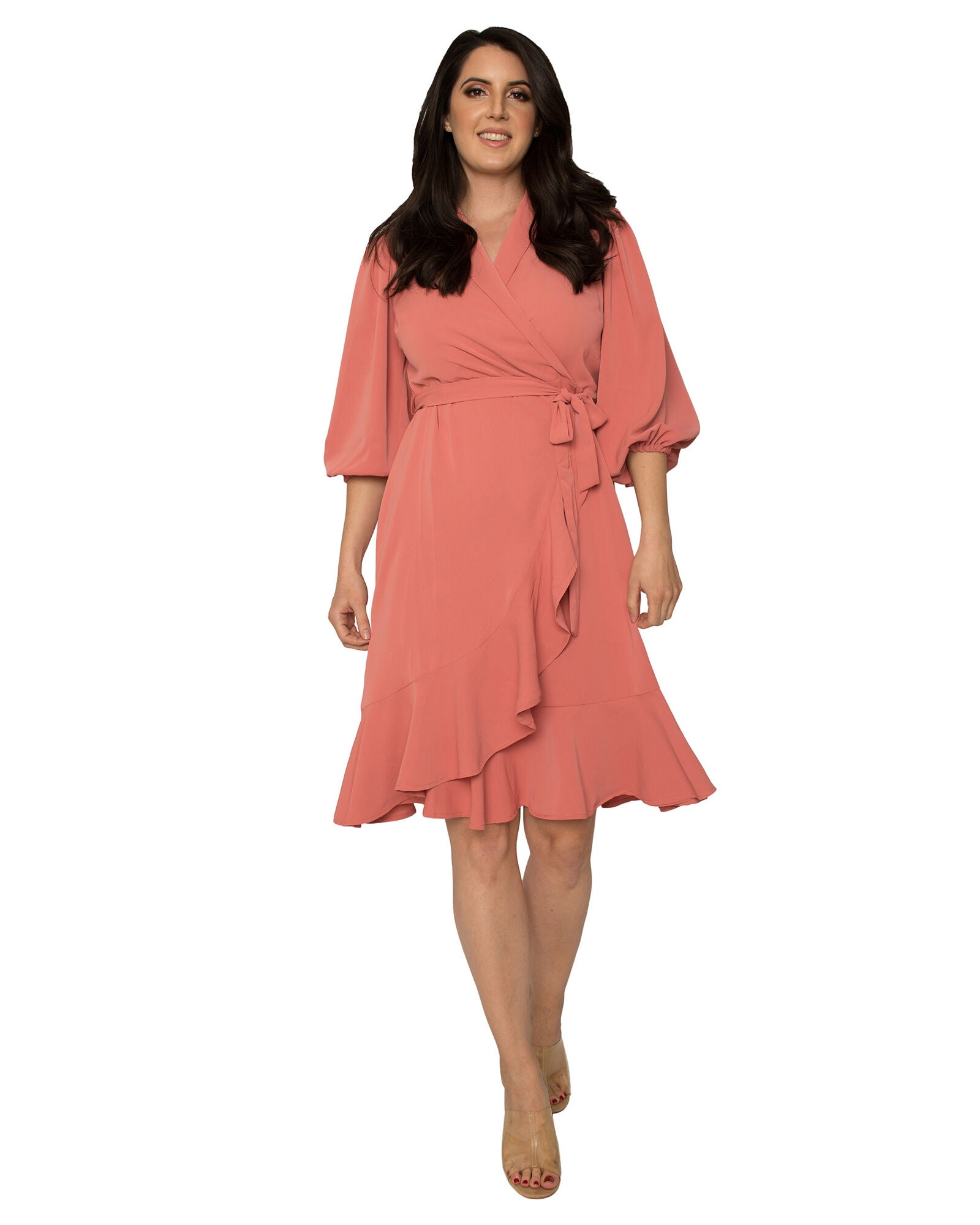 Kylie Double Georgette Dusty Pink Ruffles Wrap Midi Dress, Dusty Pink / Pink, hi-res image number 0