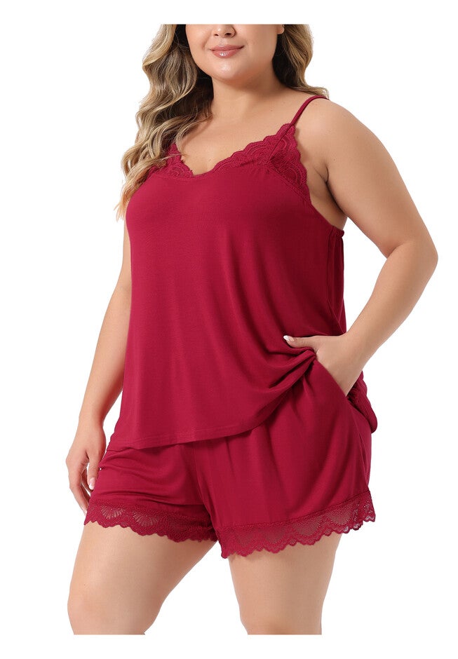 LACE CHEMISE SHORTS SET NIGHTWEAR SLEEPWEAR LOUNGE SET, Red / Red, alternate image number 3