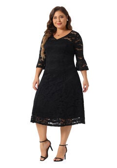 Lace V-Neck 3/4 Sleeve Midi Swing Evening Bridesmaid Dress