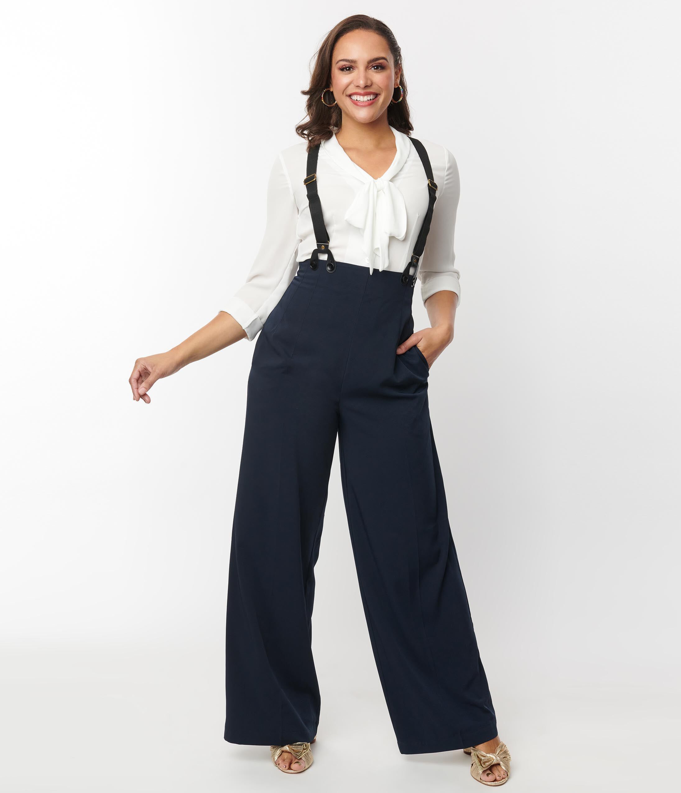 UNIQUE VINTAGE NAVY HIGH WAIST SUSPENDER PANTS, , alternate image number 7