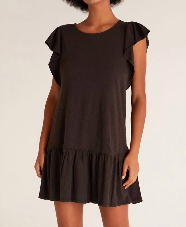 FLUTTER SLUB MINI DRESS IN VINTAGE BLACK, Vintage Black / Black, hi-res image number 0