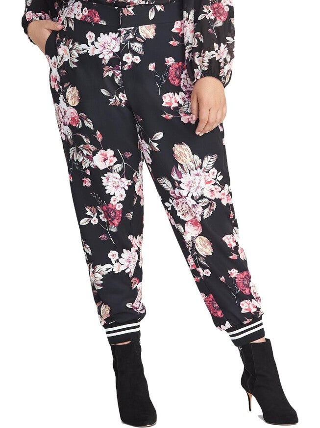 Rachel Roy Women's Eden Floral Print Contrast Trim Pants Black 0X, , alternate image number null