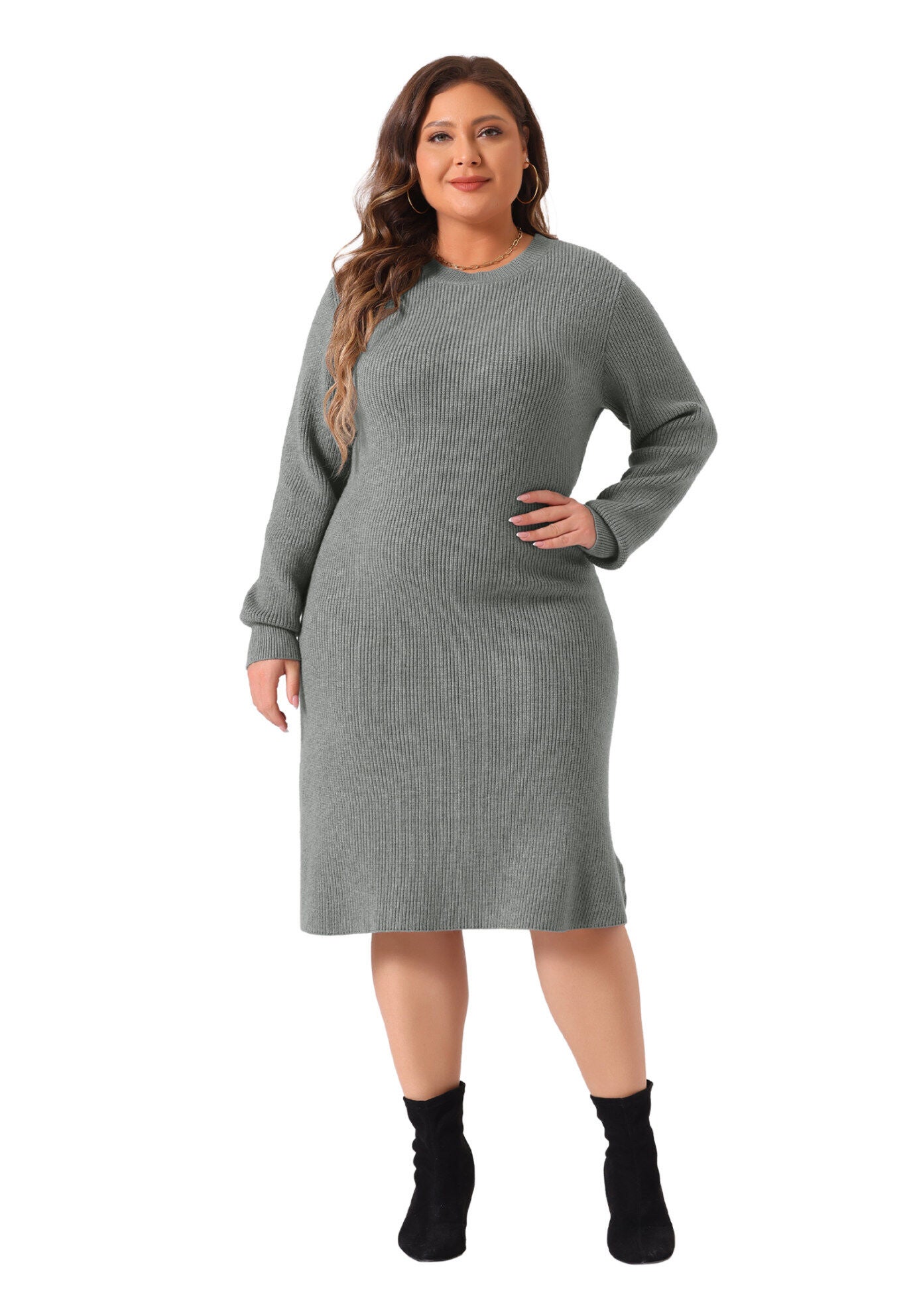 Crew Neck Long Sleeve Knit Pullover Sweater Dress, Gray / Cool Gray, hi-res image number 0