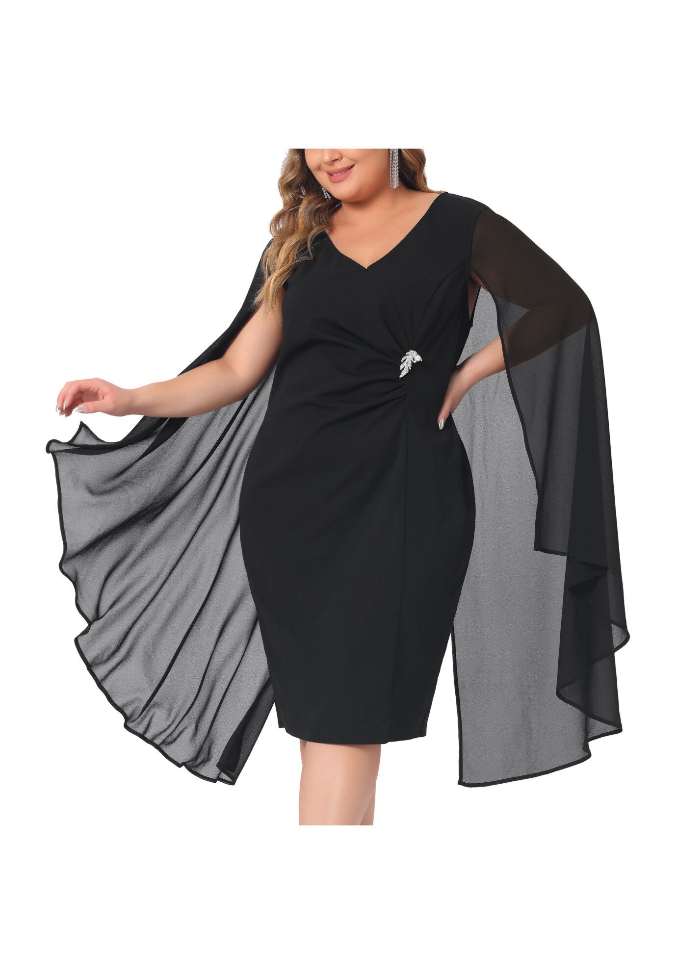 Chiffon Cape Sleeve Bodycon Pencil Cocktail Dress, Black / Black, alternate image number 2