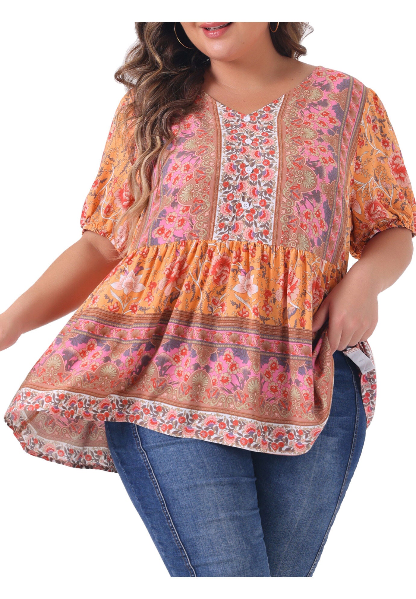 Boho Floral Print V Neck Peplum Loose Blouse, Orange / Orange, alternate image number 2