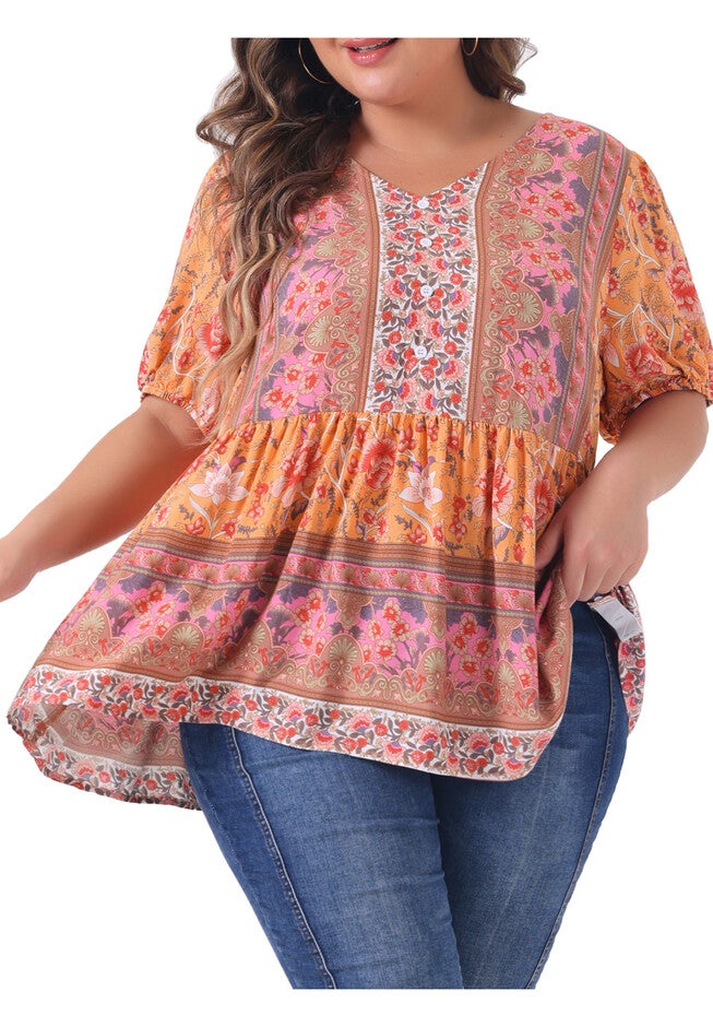 Boho Floral Print V Neck Peplum Loose Blouse, Orange / Orange, alternate image number 2