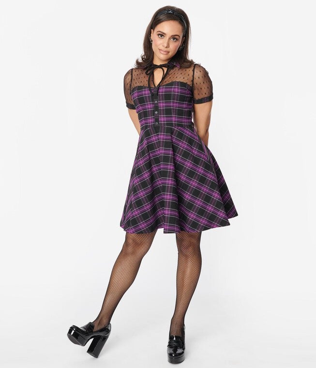 Unique Vintage Purple Plaid Fit & Flare Dress, Black Purple Plaid / Purple, alternate image number null