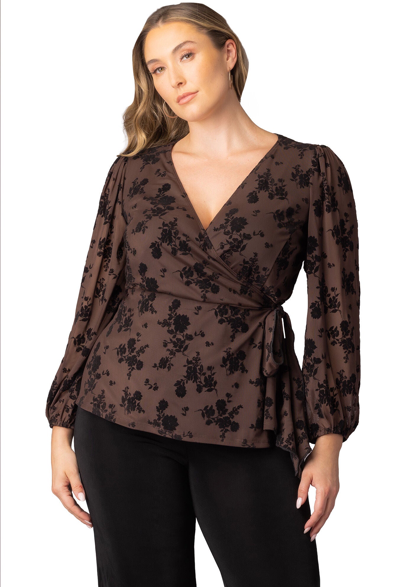 Alissa Long Sleeve Wrap Top, Sable Flocked Florals / Brown, hi-res image number 0