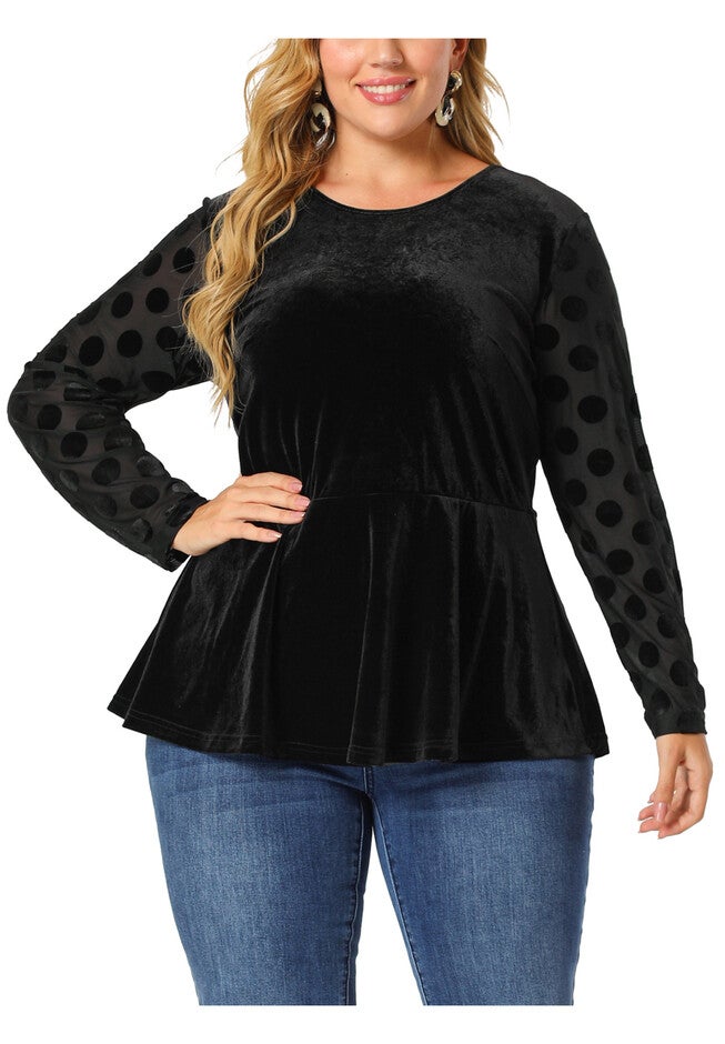 POLKA DOTS SHEER SLEEVE VELVET PEPLUM TOP, Black / Black, alternate image number null
