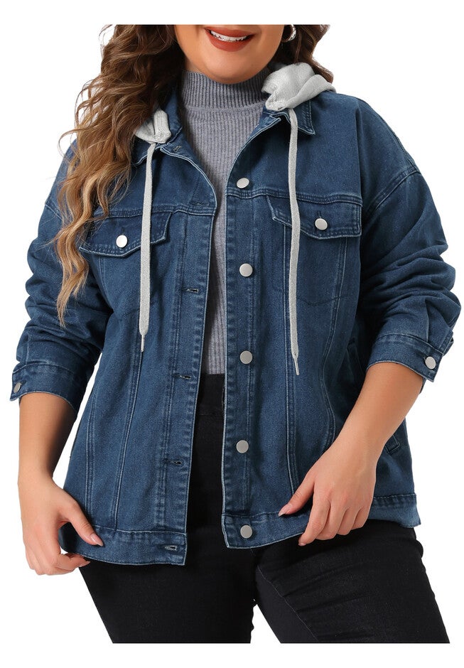 LAYERED DRAWSTRING DETACHABLE HOODIE DENIM JACKET, Blue / Navy, alternate image number null