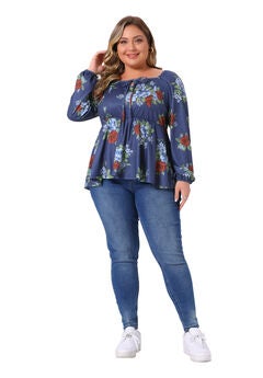 Sweetheart Neckline Long Sleeve Floral Peplum Top
