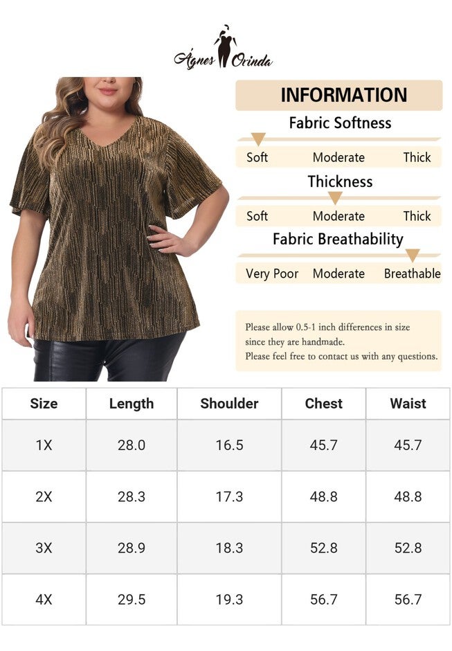 V Neck Metallic Short Sleeve Party Blouse Tee Top, Gold / Gold, alternate image number 4
