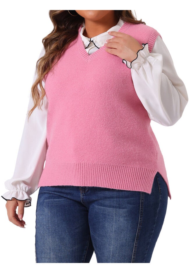 V Neck Knit Vest Sleeveless Pullover Sweater Top, Pink / Pink, alternate image number 1