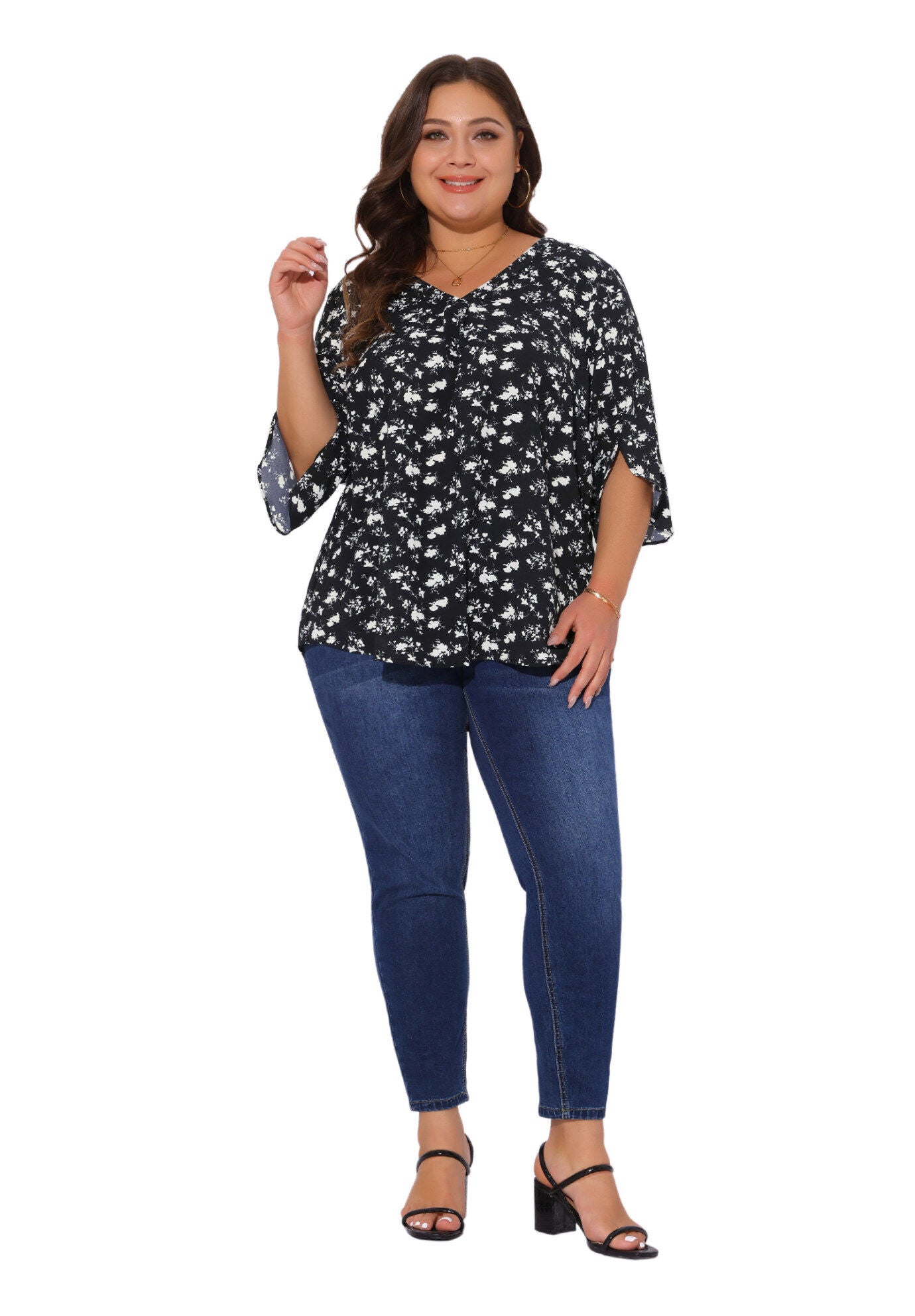 3/4 Sleeve V Neck Chiffon Shirt Tunic Top, Black / Black, hi-res image number 0