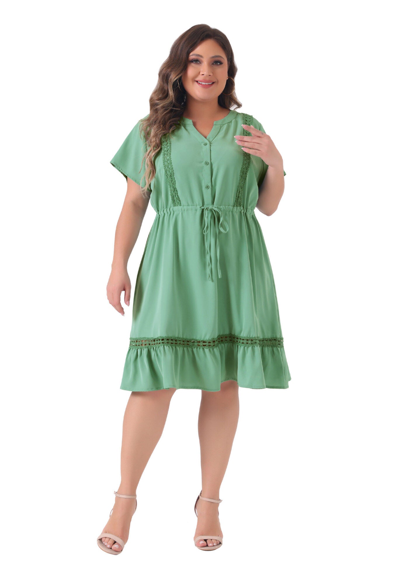 Button V Neck Summer Midi Ruffle A Line Swing Dress, Light Green / Light Green, hi-res image number 0