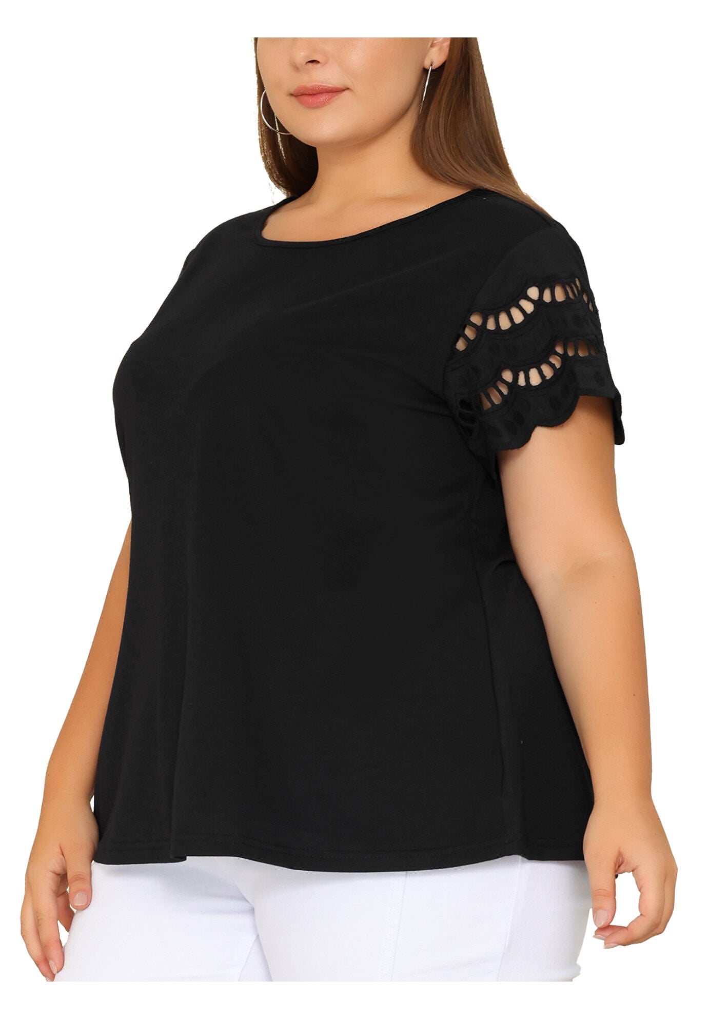 Lace Panel Hollow Short Sleeve Summer Blouse, Black / Black, alternate image number 1