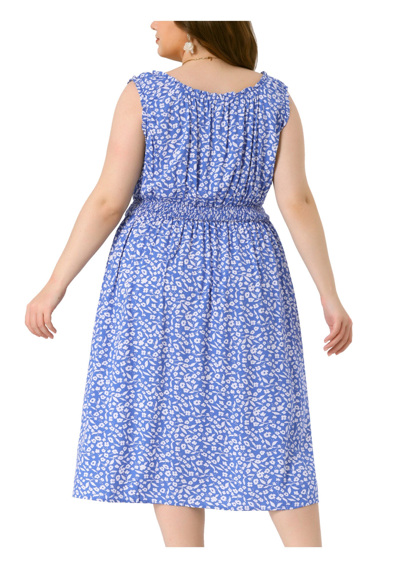 Square Neck Floral Stretchy Waist Midi Summer Dress, Blue / Light Blue, alternate image number 3