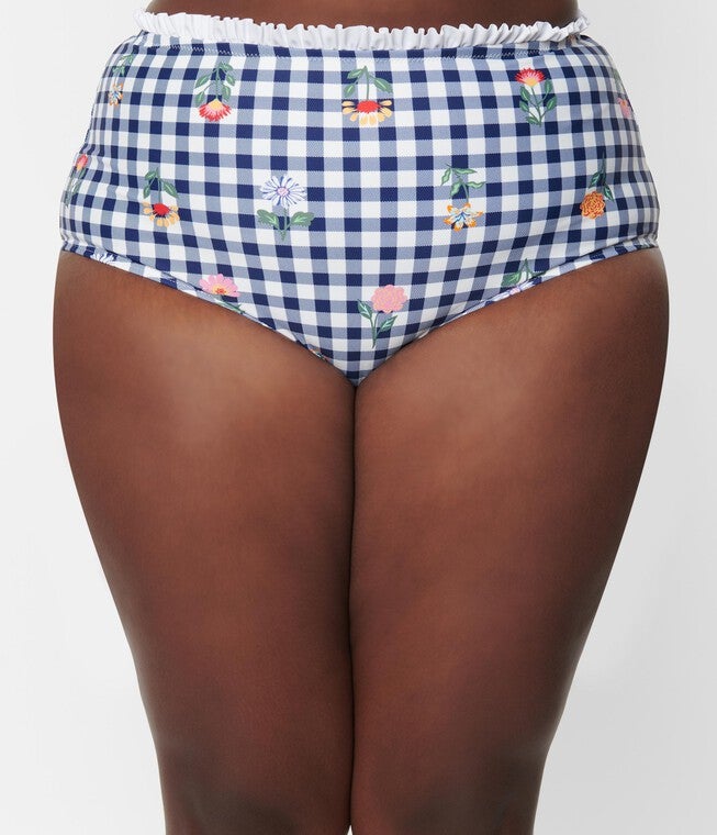 Unique Vintage Navy Gingham & Floral Cape May Swim Bottoms, , alternate image number 5