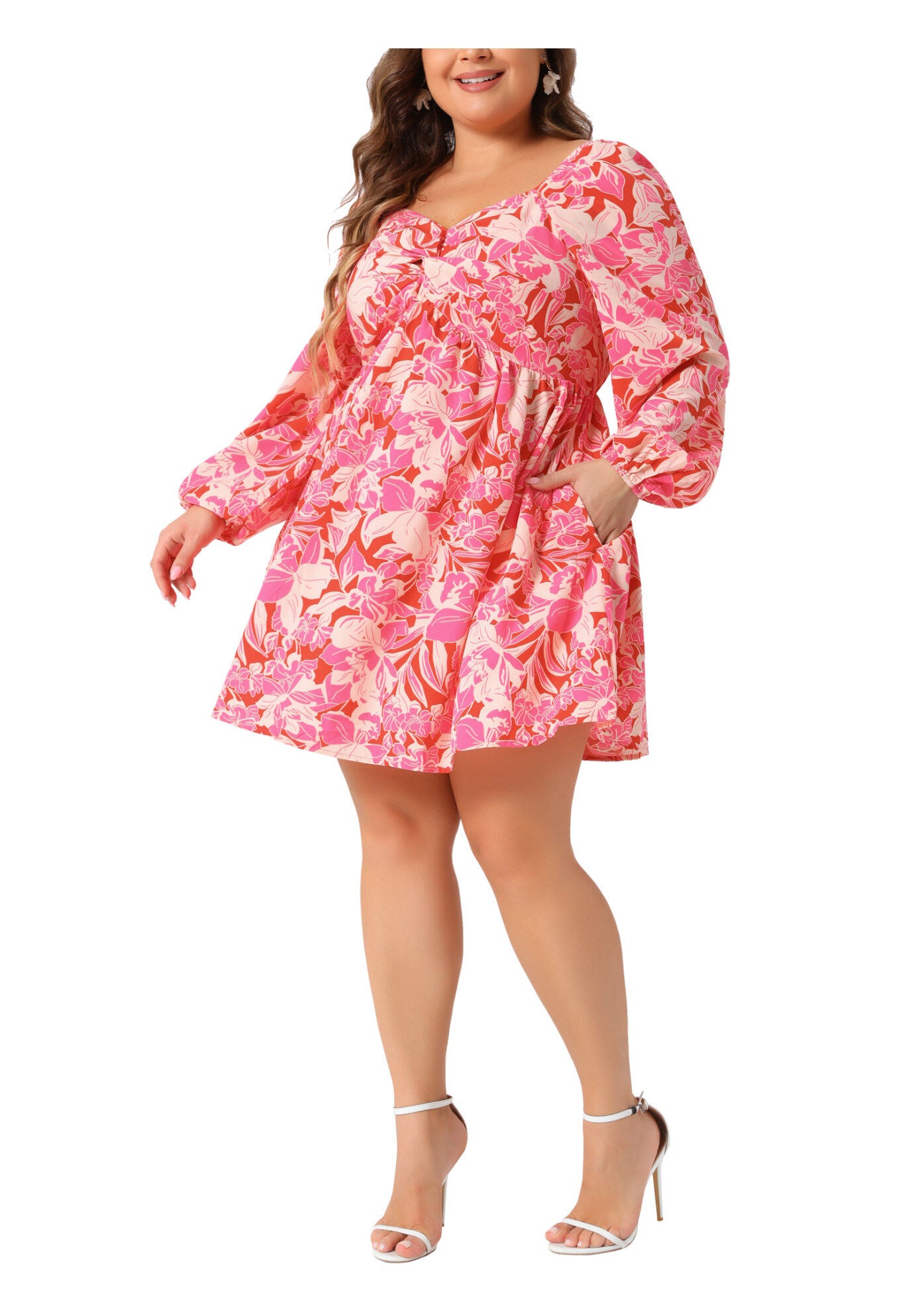 Sweetheart Neckline Puff Long Sleeve Smocked Chiffon A Line Floral Dress, Pink / Pink, alternate image number 1