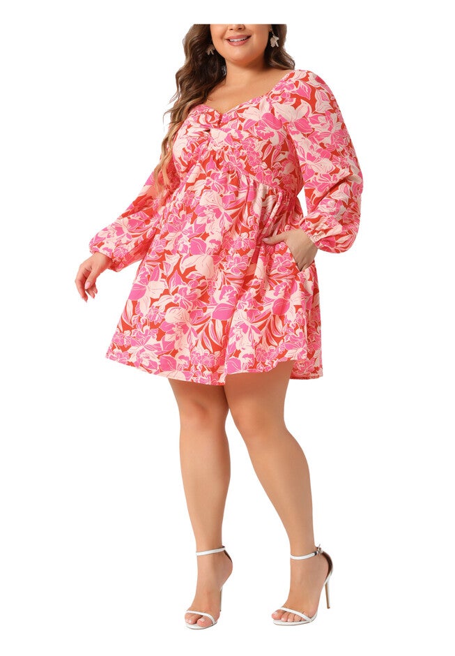Sweetheart Neckline Puff Long Sleeve Smocked Chiffon A Line Floral Dress, Pink / Pink, alternate image number 1