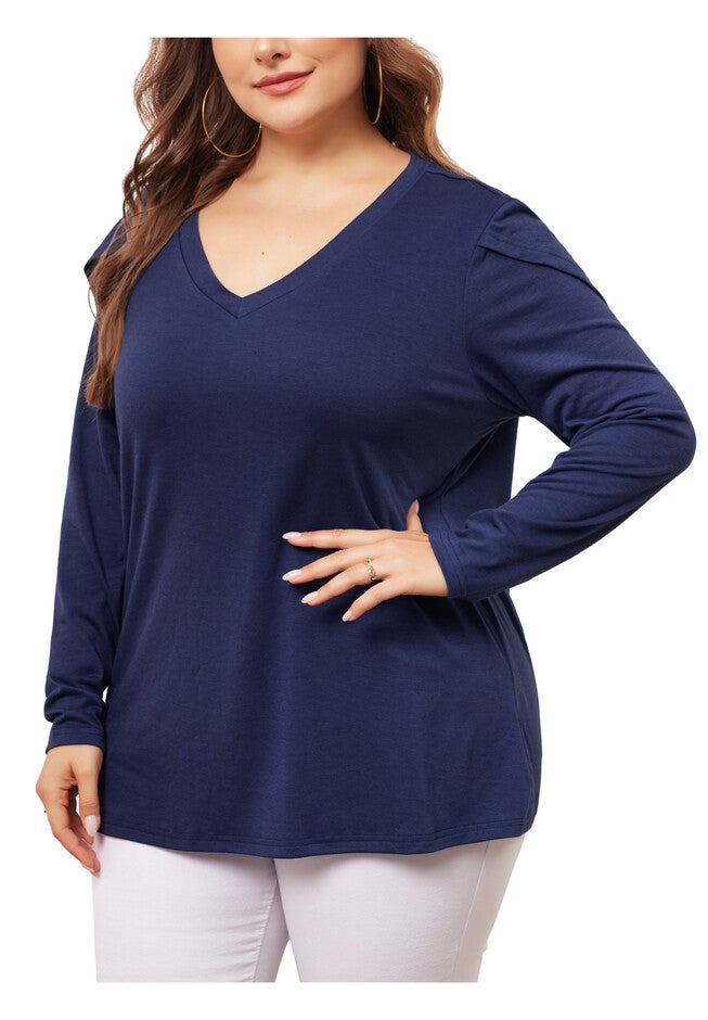 V Neck Tulip Long Sleeve T-Shirt Casual Top, Navy Blue / Navy, alternate image number 1