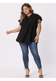 V NECK TASSEL SELF TIE FLUTTER SHORT SLEEVE BLOUSE