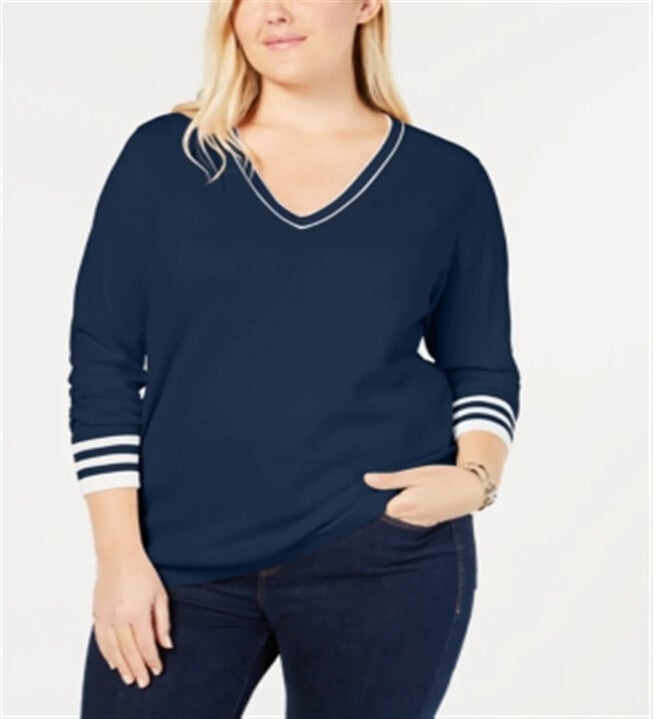 Tommy Hilfiger Women's Long Sleeve V Neck Top Plus Blue Size 0X, Blue / Navy, hi-res image number 0