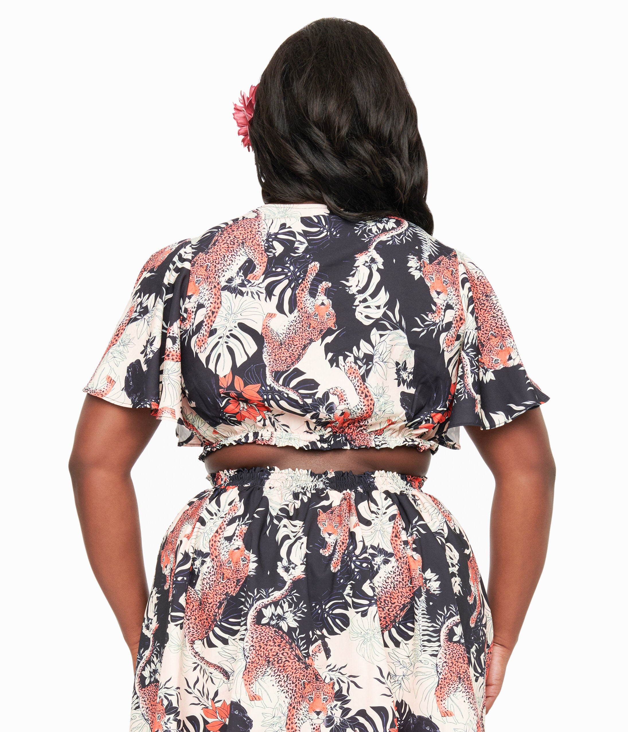 Unique Vintage 1960s Black Jungle Cat Print Dottie Crop Top, LeopardBlack / Black, alternate image number 1