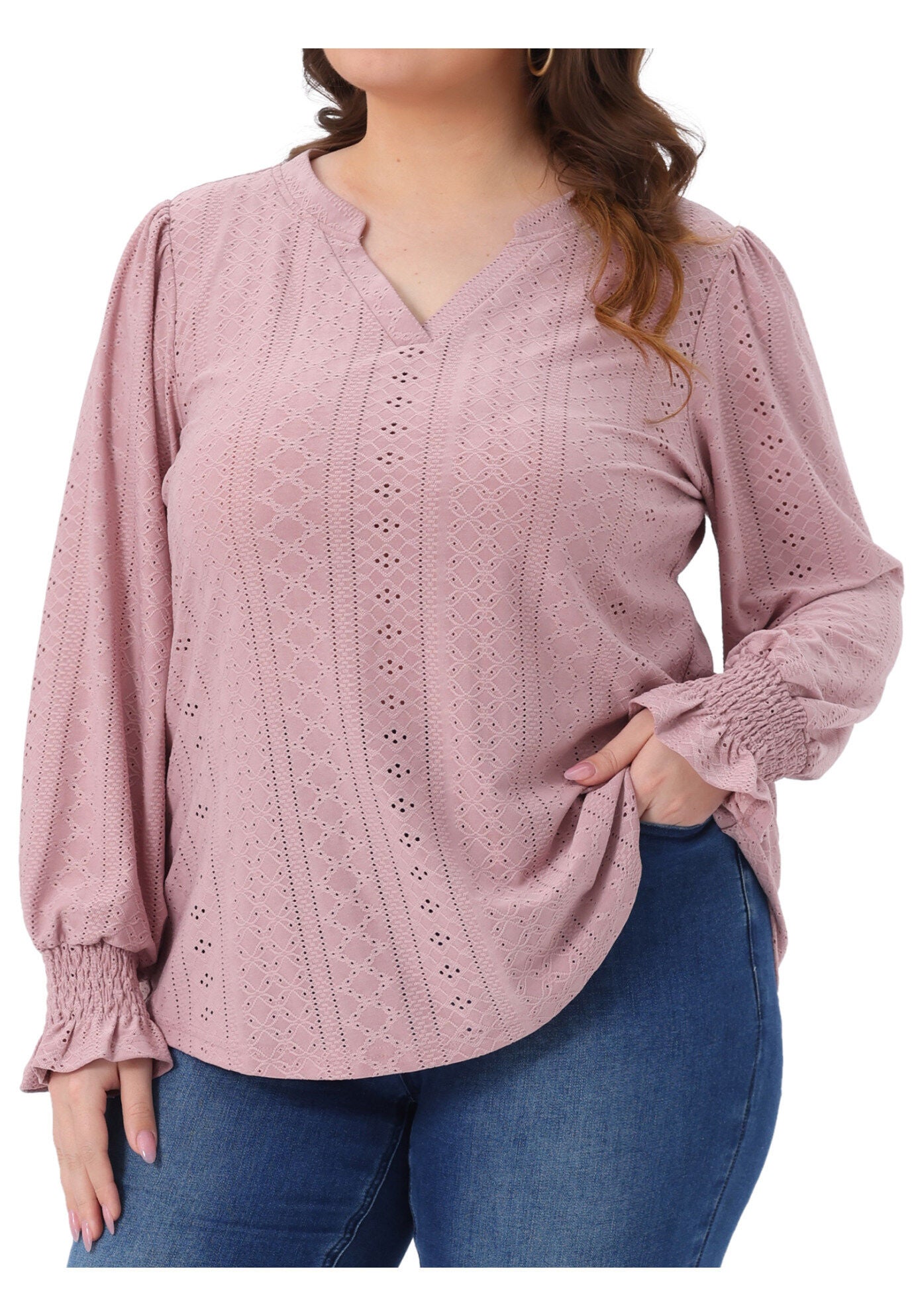 Eyelet Notched V Neck Smocked Hollow Out Blouses, Pink / Pink, alternate image number 1