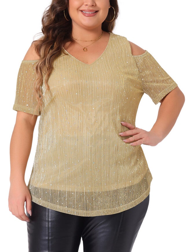 GLITTER SEQUIN COLD SHOULDER SHORT SLEEVE TOP, Yellow / Yellow, alternate image number 1