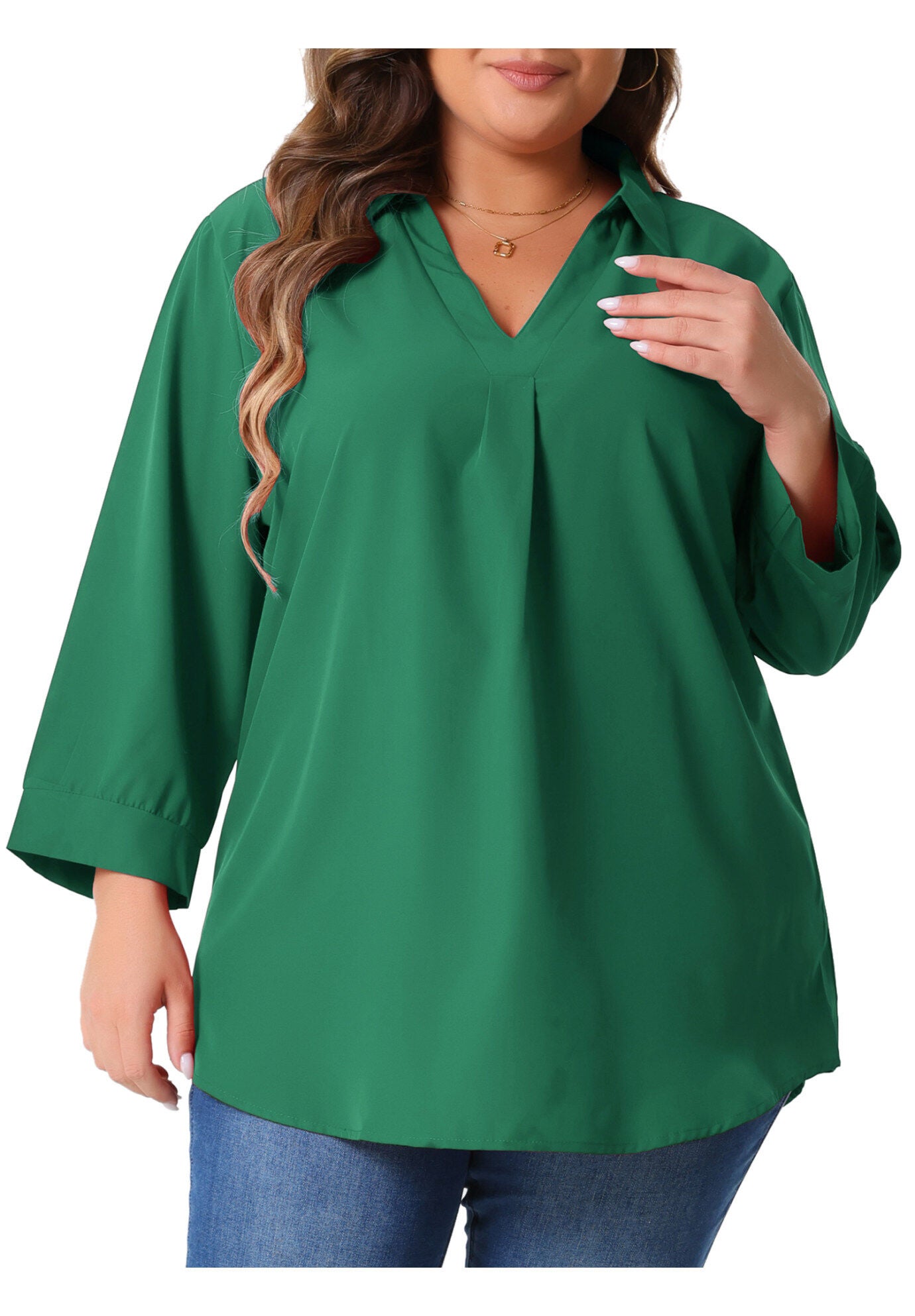 V Neck 3/4 Sleeve Flowy Blouse Work Chiffon Shirt, Green / Kelly Green, alternate image number 2