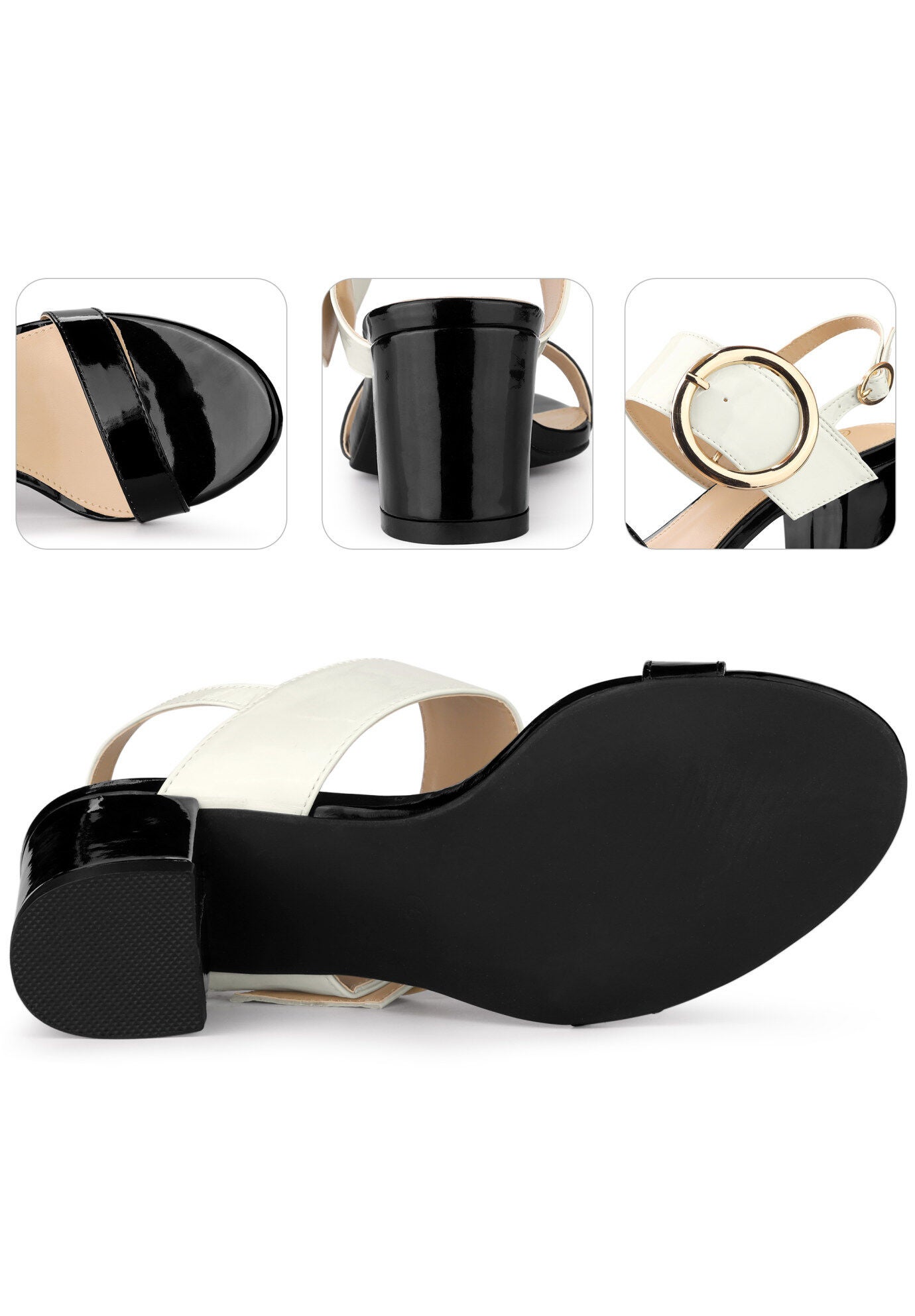 Slingback Buckle Two Straps Chunky Heel Sandals, Black / Black, alternate image number 2