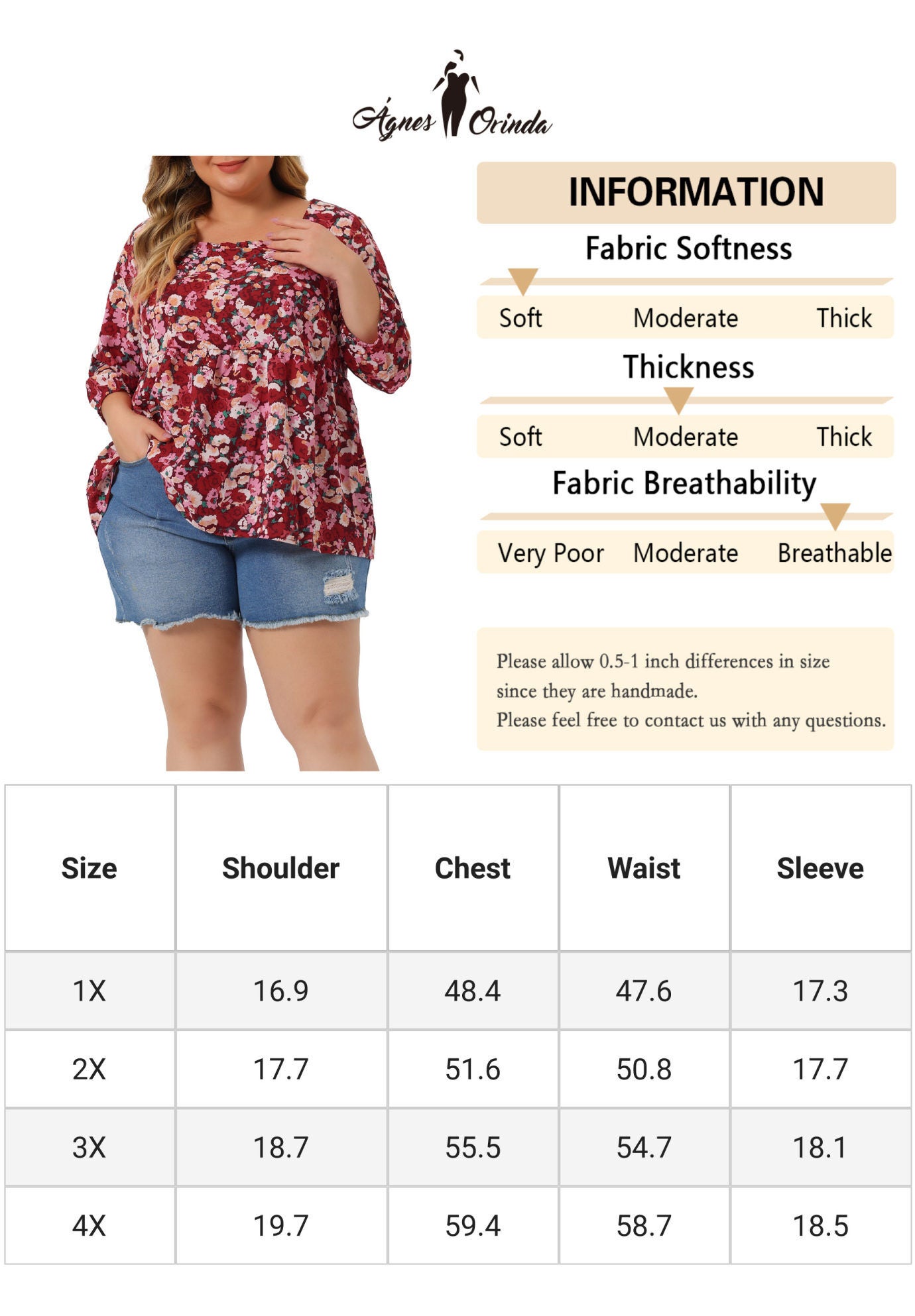 3/4 Sleeve Floral Peplum Babydoll Blouse, Red / Red, alternate image number 4