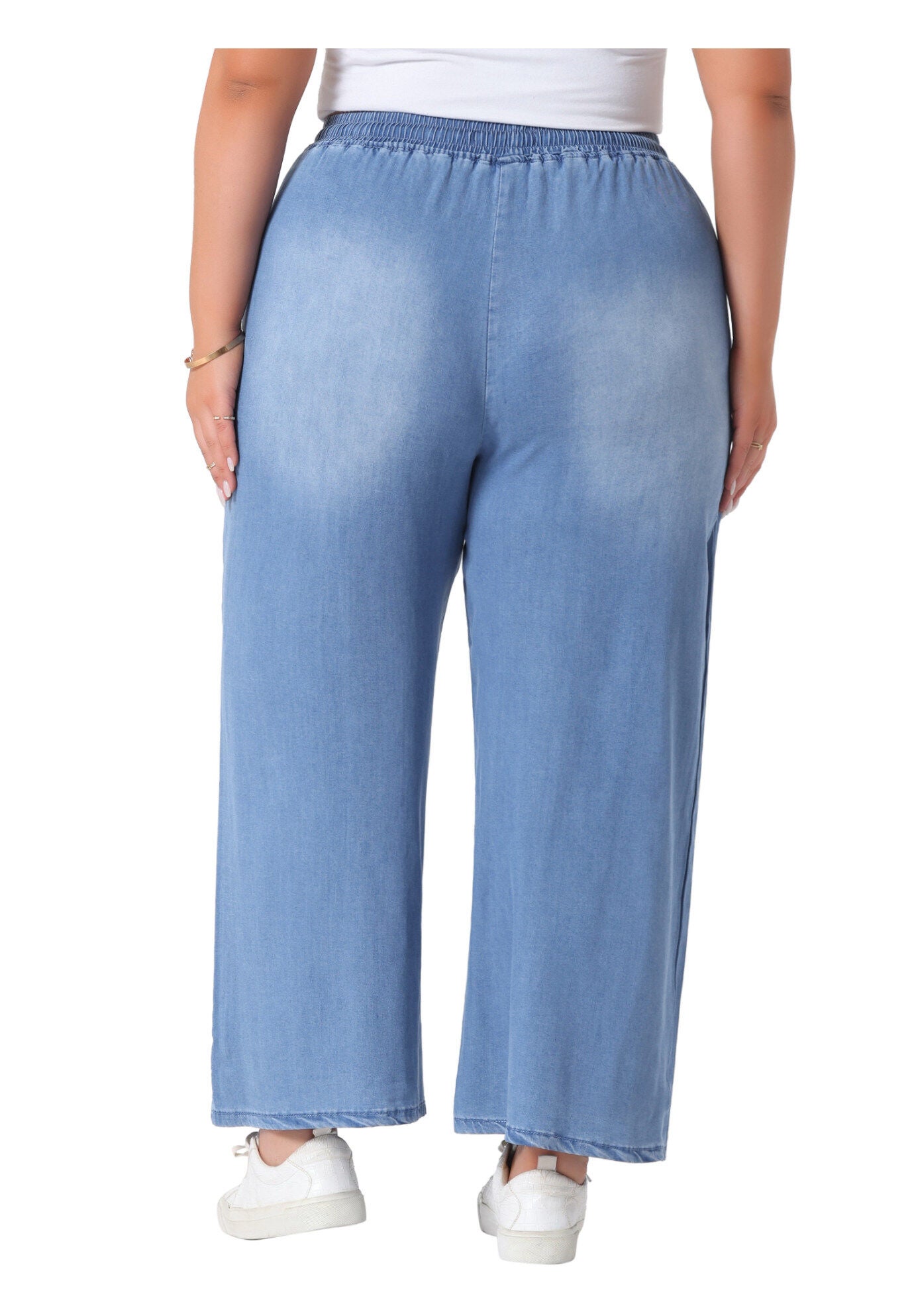 Drawstring Waist Wide Leg Chambray Palazzo Pants, Light Blue / Dusty Blue, alternate image number 3
