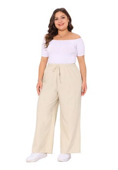 Cotton Linen Summer Palazzo Pants Drawstring Relaxed Fit Wide Leg Trousers with Pockets