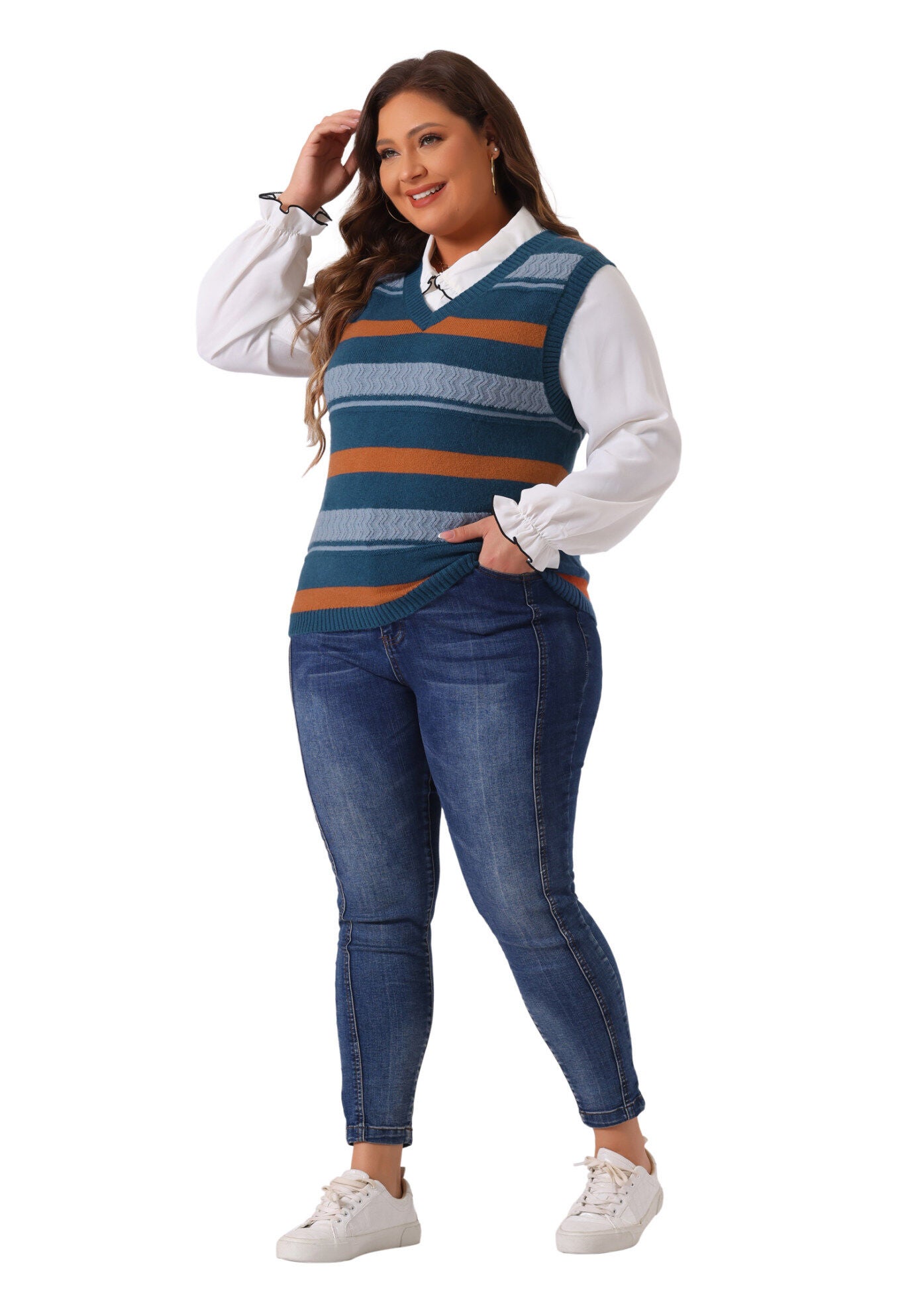 V Neck Striped Knit Casual Pullover Sweater Vest, Blue / Dusty Blue, hi-res image number 0