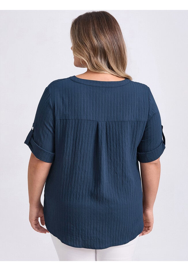 Textual Mandarin Collar V Neck 3/4 Sleeve Shirt Top with Pocket, Dark Blue / Navy, alternate image number 2