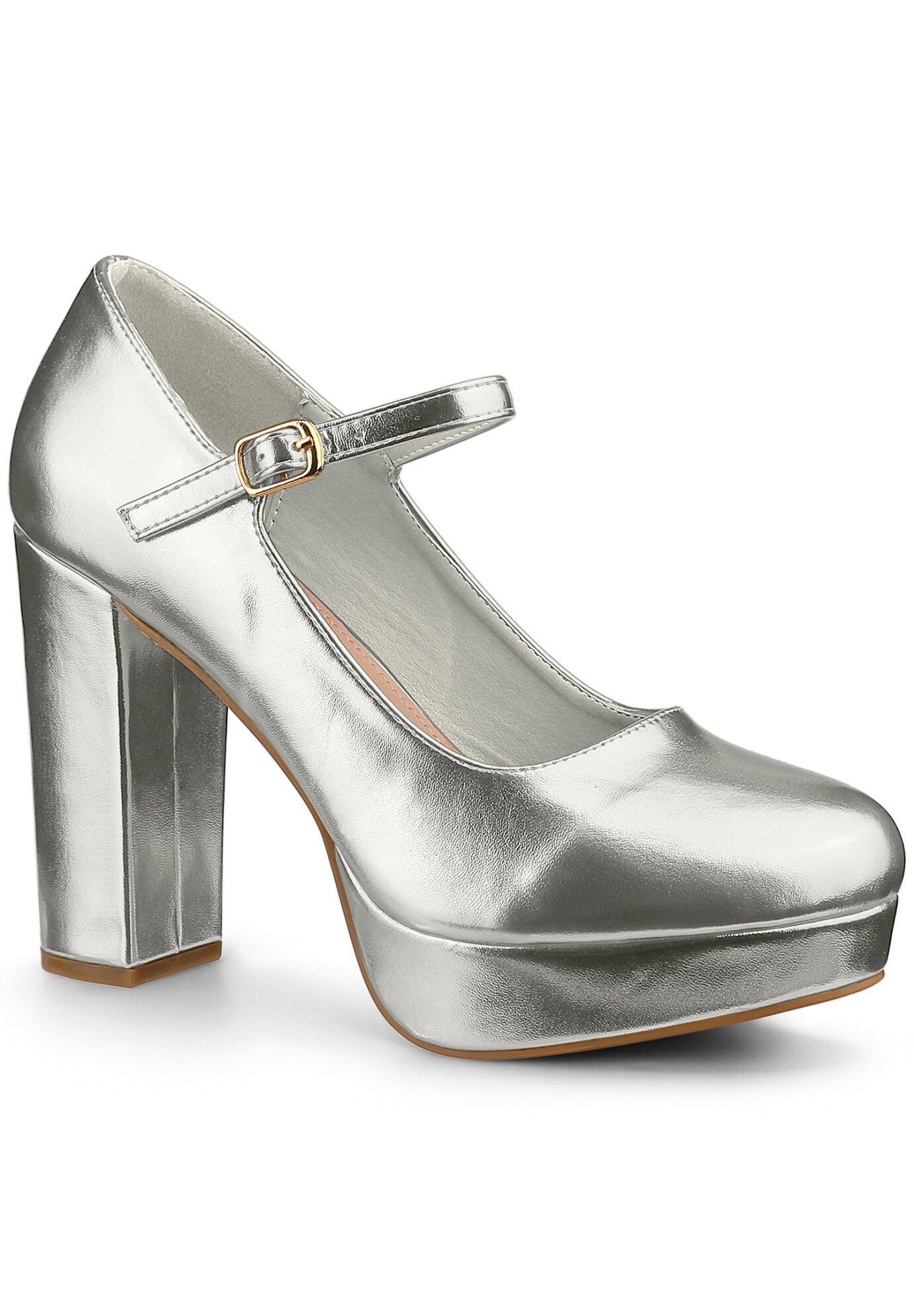 Platform Mary Janes Shoes Chunky High Heels, Silver / Silver, hi-res image number 0