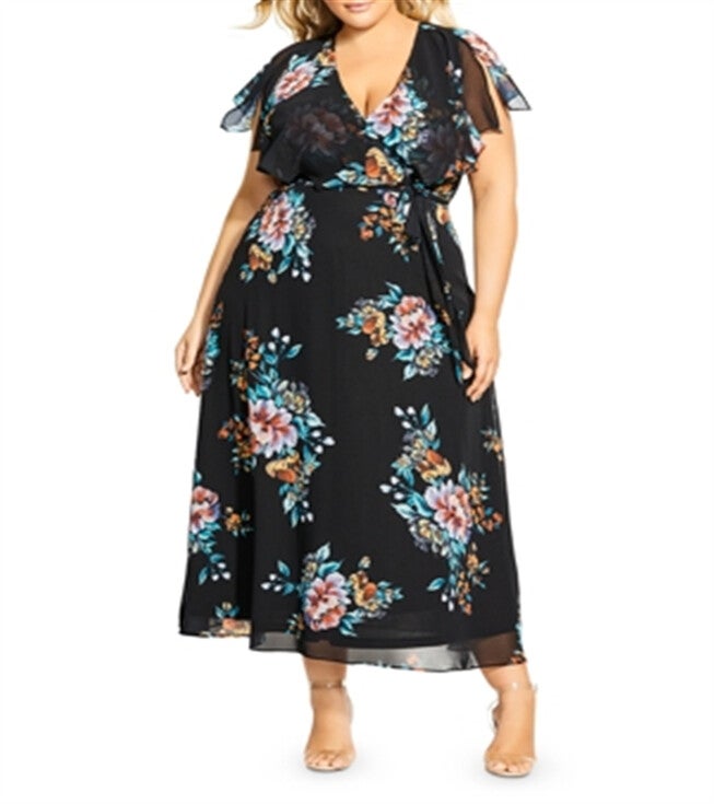 City Chic Women's Plus Floral Print Maxi Dress Black Size 18W, Black / Black, hi-res image number null