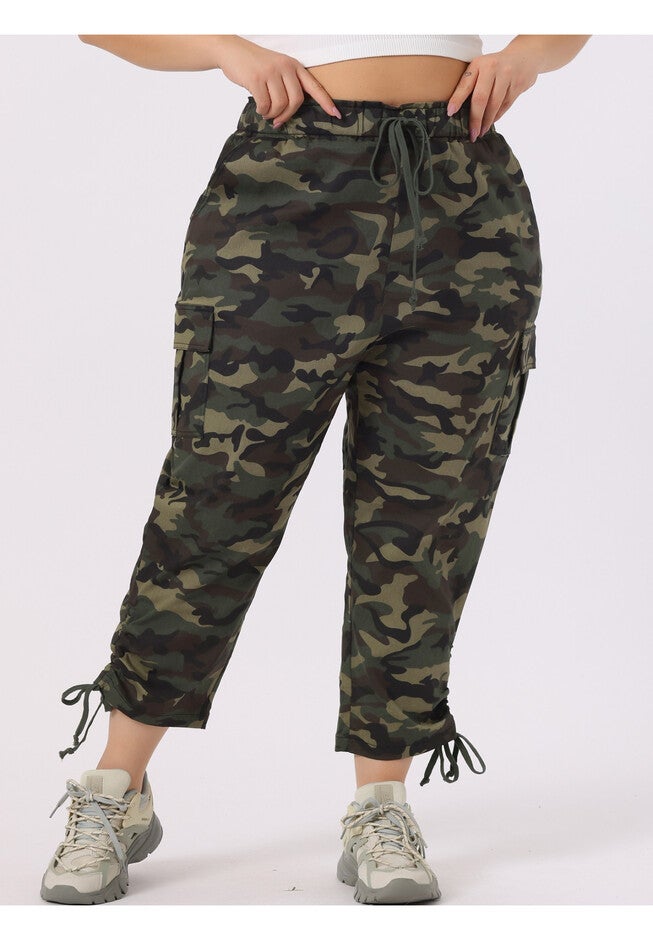 DRAWSTRING ELASTIC WAIST CARGO PANTS, Camouflage / Forest Green, alternate image number 1