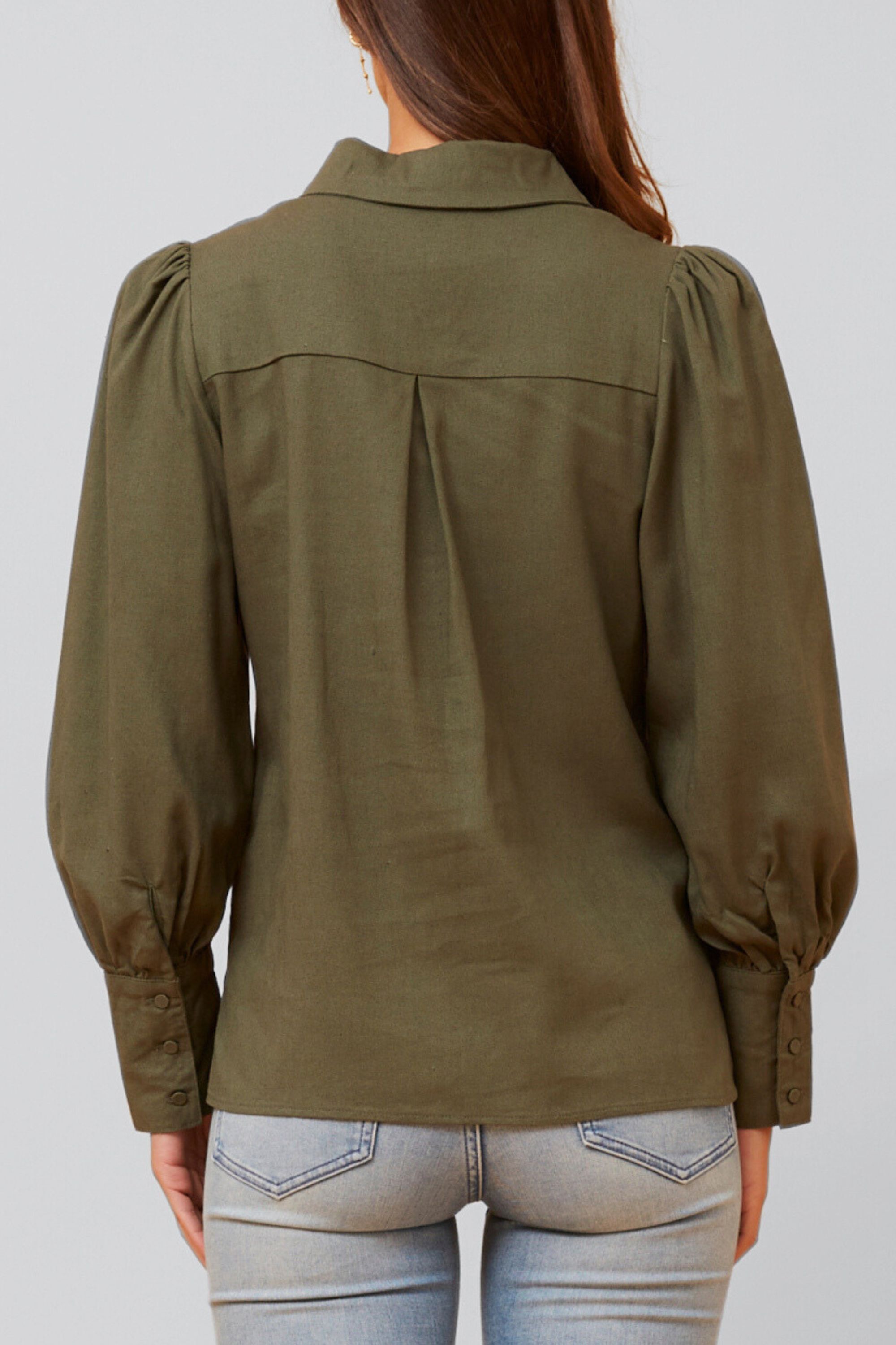 Maxine Shirt Fitted Long Puffy Sleeves Solid, Green / Olive Green, alternate image number 4