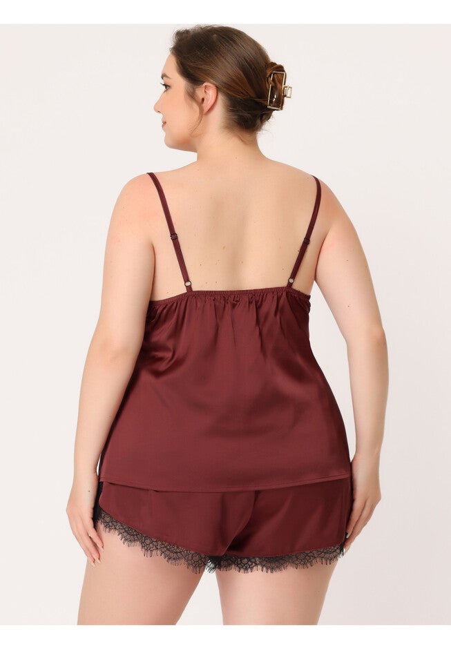 SATIN LACE PANEL CAMI TOP AND SHORTS SLEEPWEAR 2 PIECES PAJAMAS SET, Burgundy / Red, alternate image number 1