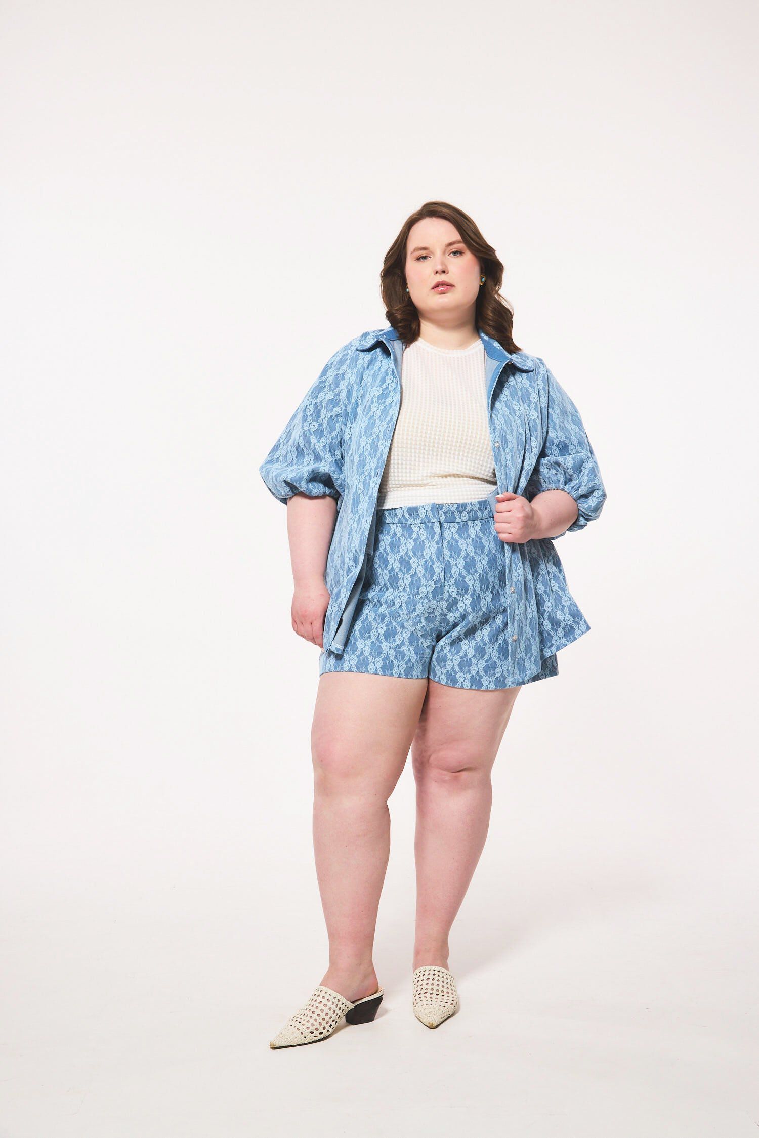Denim Lace Trouser Shorts, BLUE / Medium Wash, hi-res image number 0
