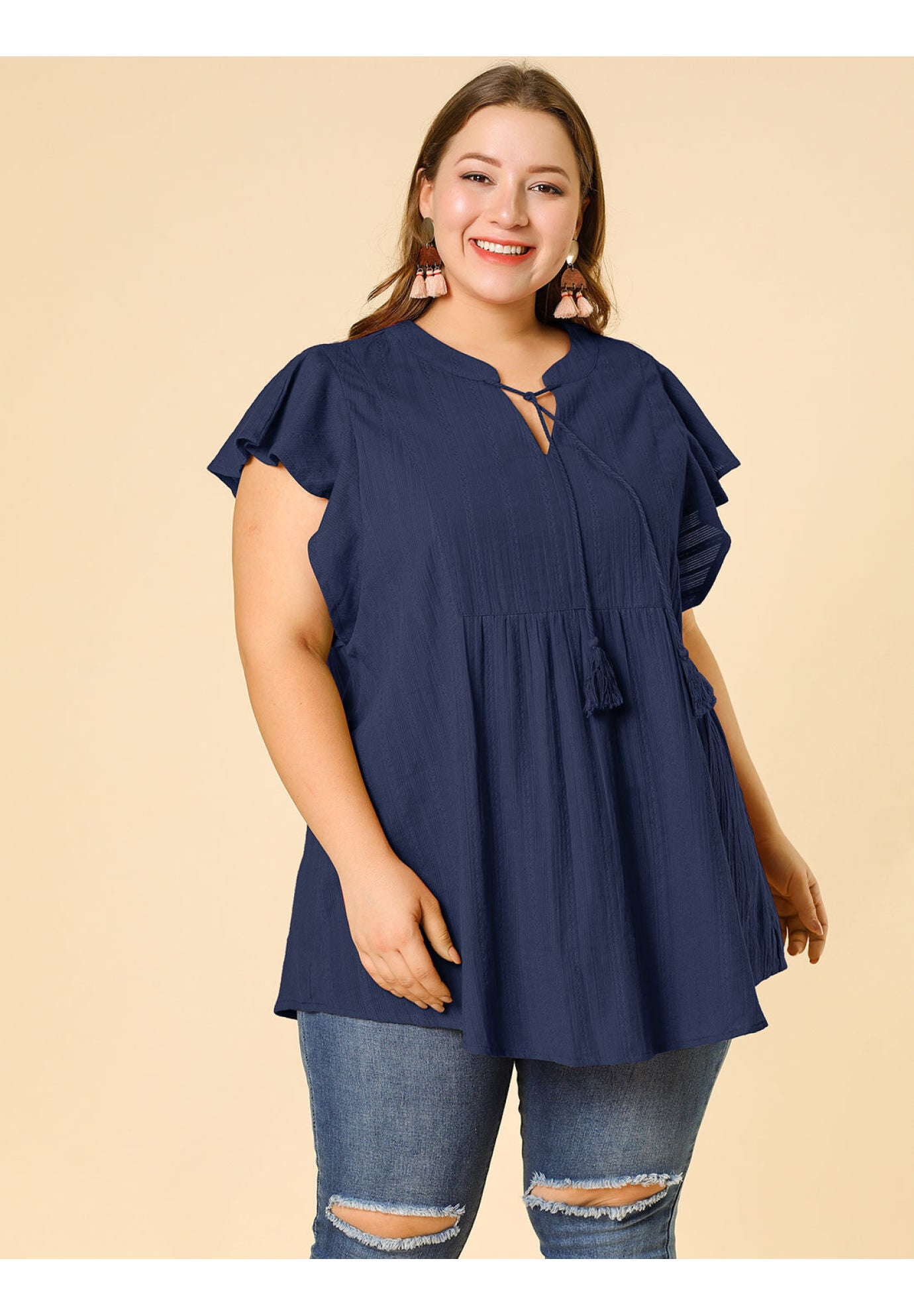 V NECK TASSEL SELF TIE FLUTTER BLOUSE, Navy Blue / Navy, alternate image number 1