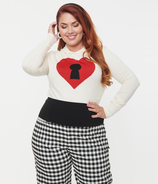 Unique Vintage Plus Size Cream & Red Locked Heart Sweater, Cream Red / Cream, alternate image number 2