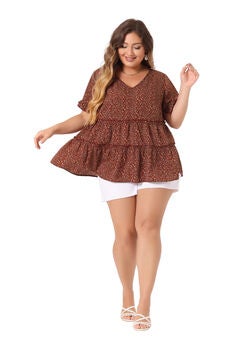 Floral Print V Neck Ruffles Sleeve Tiered Babydoll Blouse