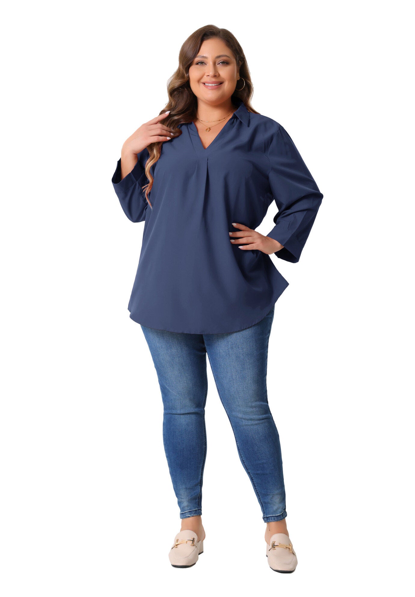 V Neck 3/4 Sleeve Flowy Blouse Work Chiffon Shirt, Dark Blue / Navy, hi-res image number 0
