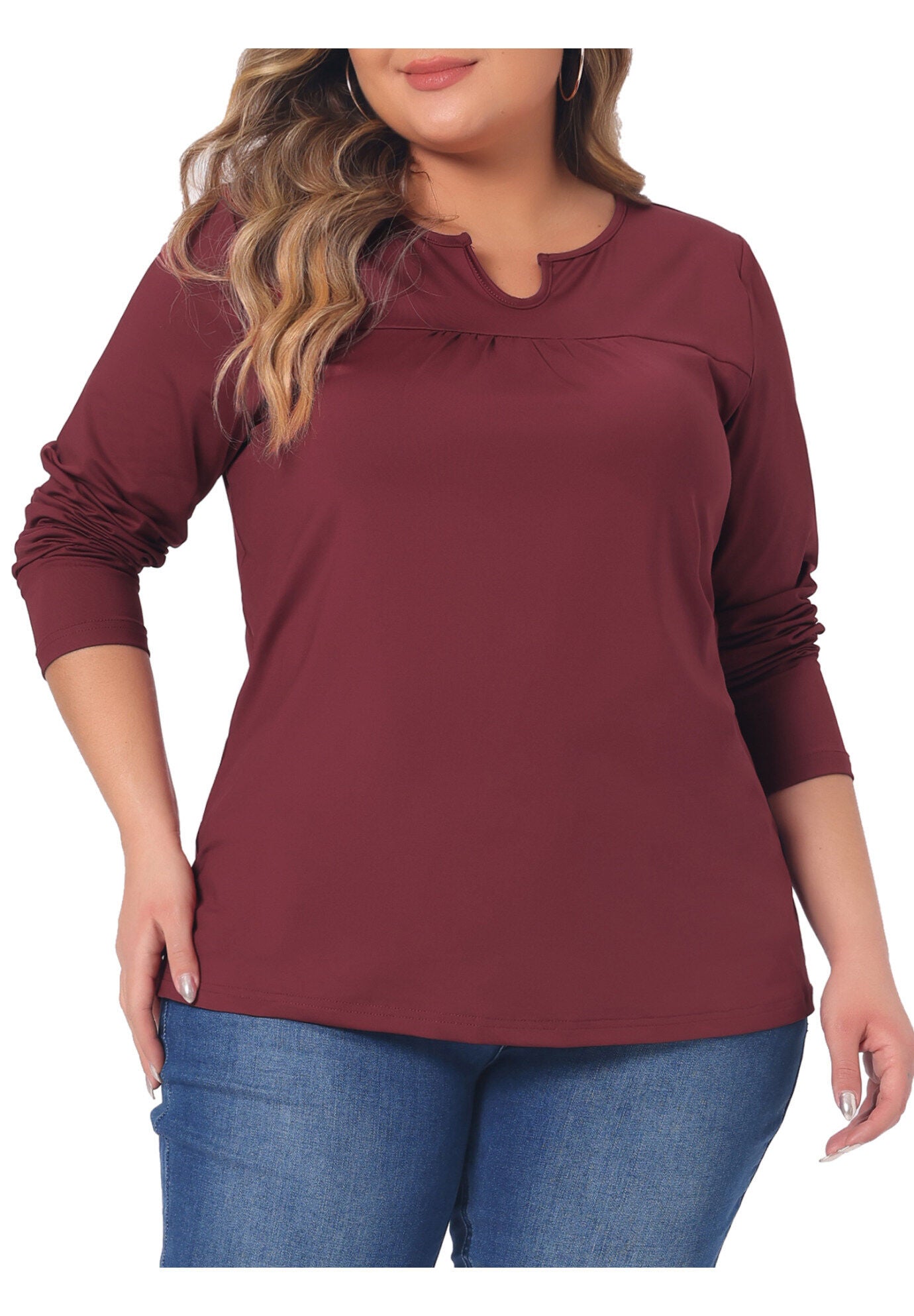 NOTCHED NECK LONG SLEEVE T-SHIRT LOOSE CASUAL TUNIC BLOUSE, Burgundy / Red, alternate image number 2