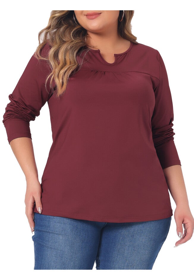NOTCHED NECK LONG SLEEVE T-SHIRT LOOSE CASUAL TUNIC BLOUSE, Burgundy / Red, alternate image number 2